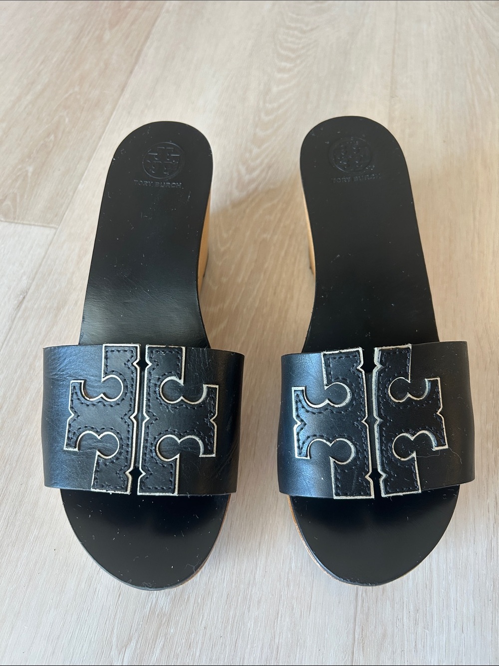 Tory Burch Black Leather Logo Slide Sandals